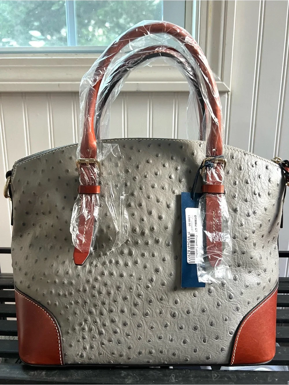 Dooney & Bourke Ostrich Domed Zip Zip Satchel in Grey NWT
